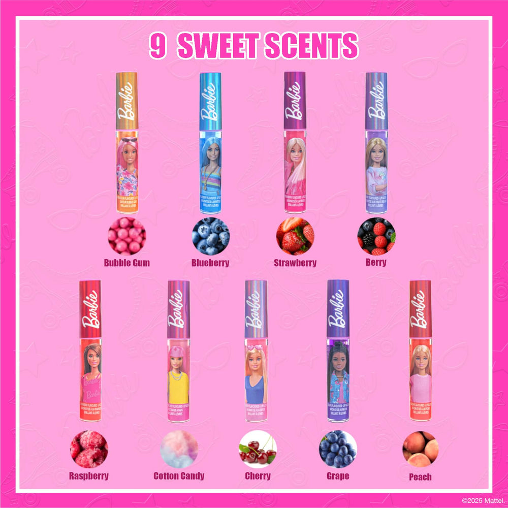 Townley Girl Barbie cherry lip gloss flavor enhances smiles with a glossy shine.