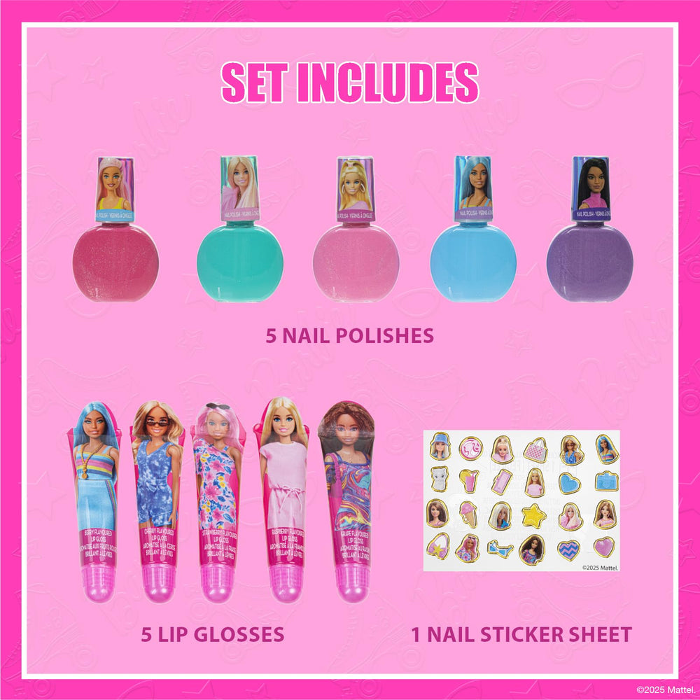 Townley Girl Barbie lip gloss scents from berry to raspberry, kid-friendly, glossy finish.