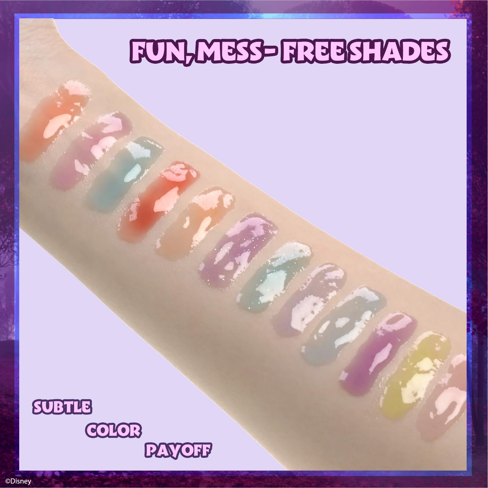 Townley Girl Disney Frozen gloss flavors assortment, featuring cherry, bubble gum, peach, and blueberry.