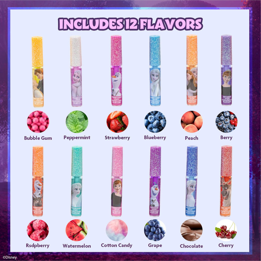 Townley Girl Disney Frozen gloss tubes closeup, colorful collection for pretend makeup play.
