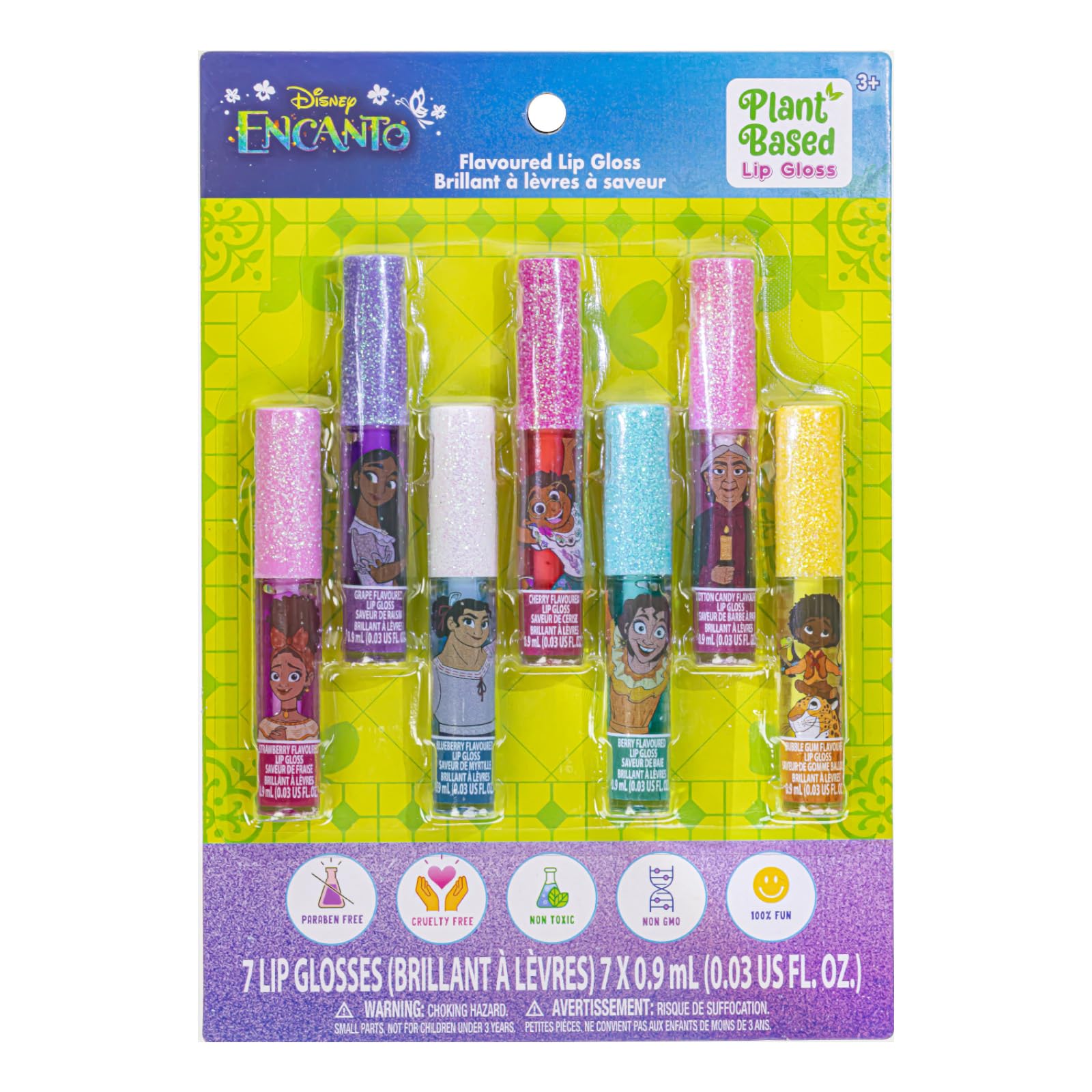 Townley Girl Encanto 7-pack lip gloss set on bright card for gifting.