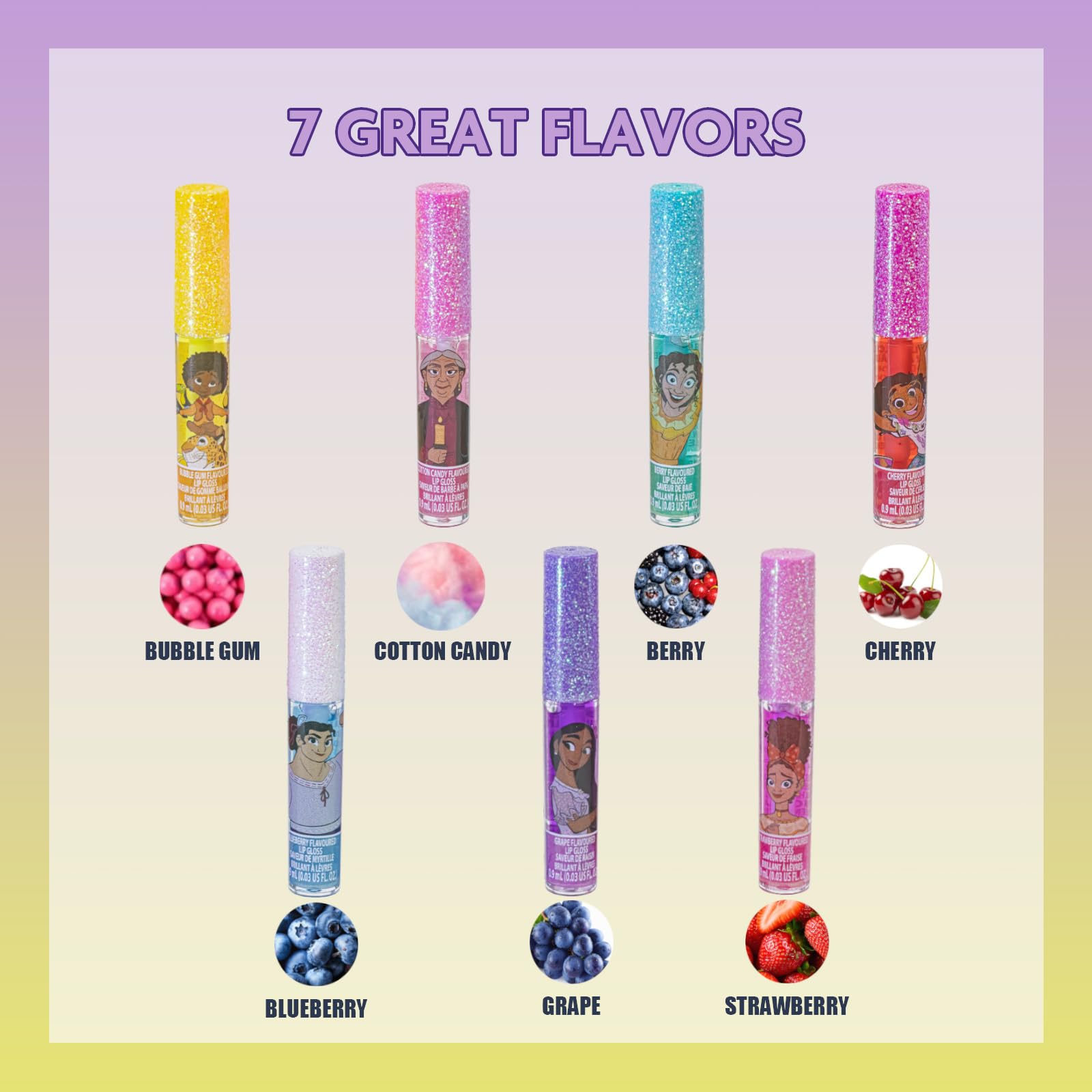 Close-up of Townley Girl Encanto gloss wand showing vibrant color options.