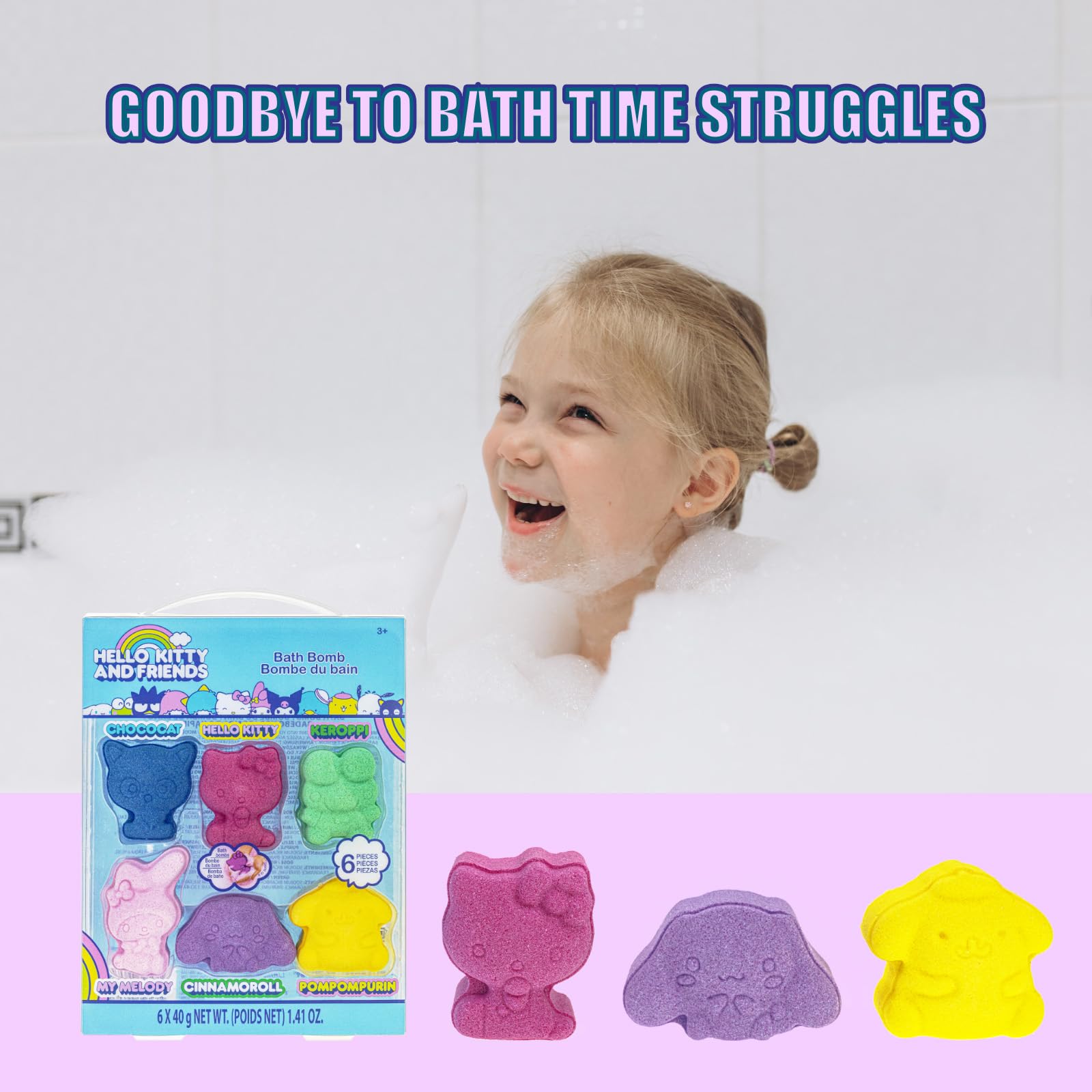 Townley Girl Hello Kitty packaging showcases gift-ready bath bombs.