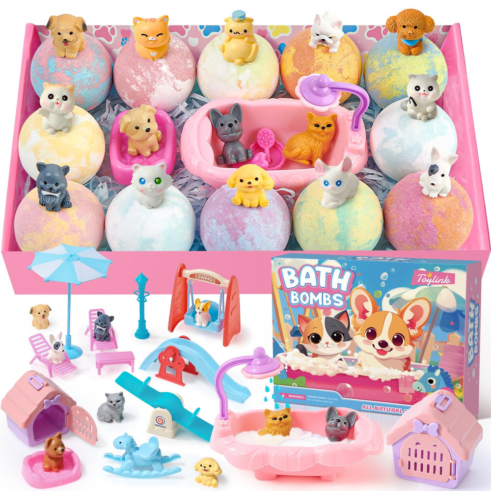 Toylink bath bomb with puppy toy inside for imaginative bath play.