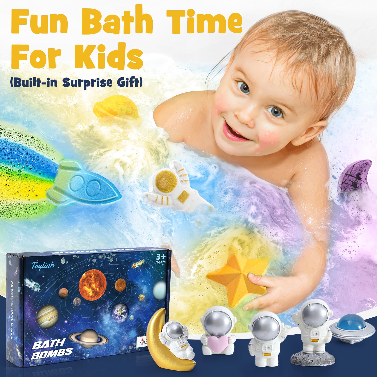 Toylink rocket bath bomb releases a rainbow color stream during fizz