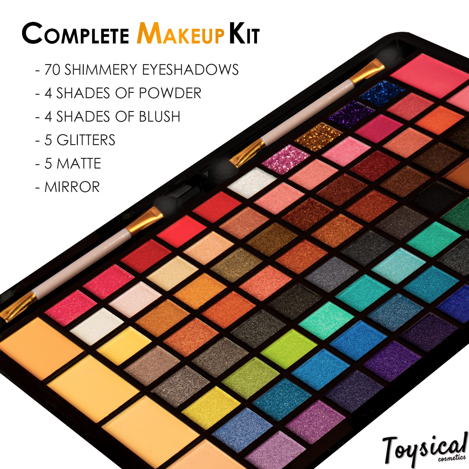 Toysical tablet-design makeup kit features a foldable mirror for easy application.