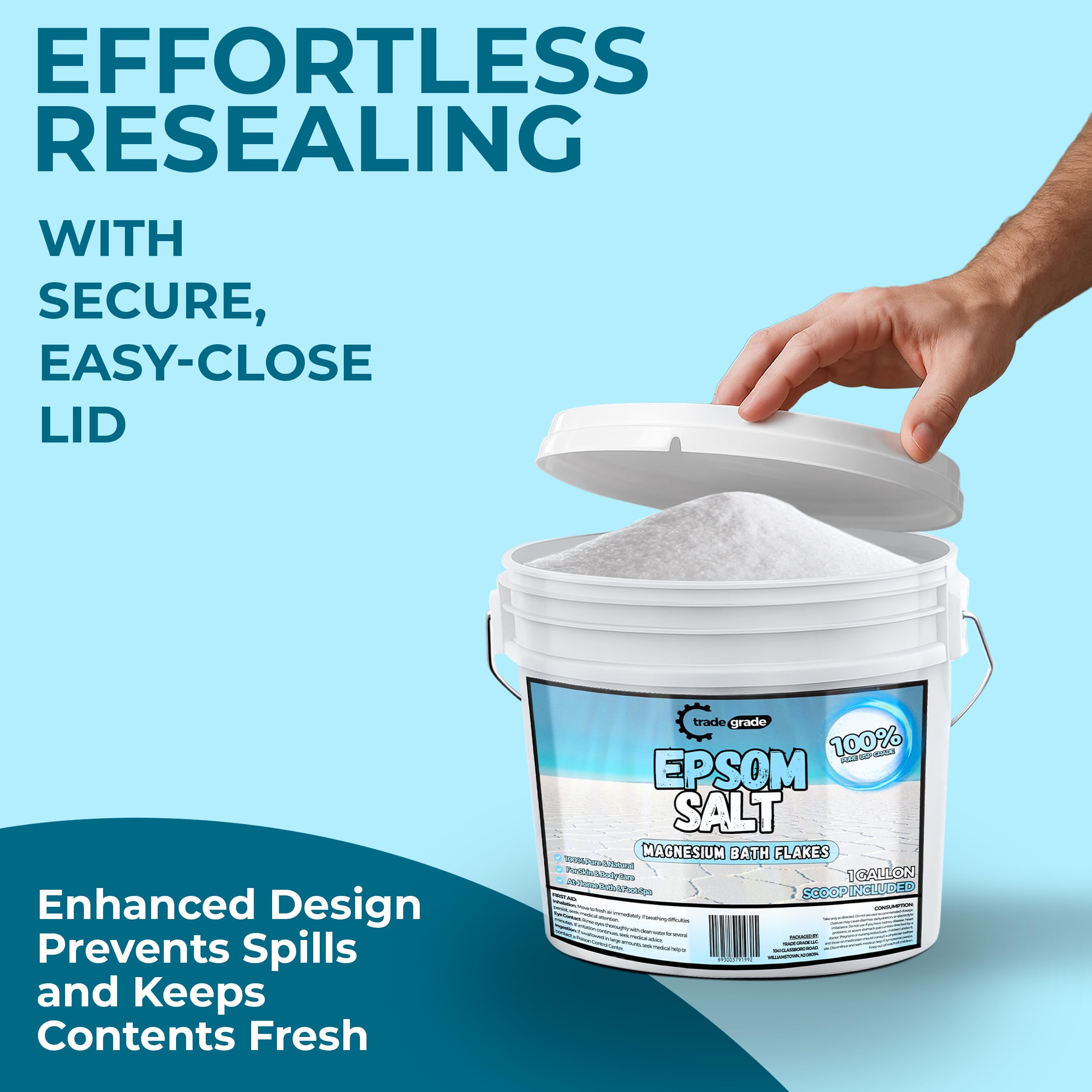 TradeGrade Epsom Salt bucket contents showing resealable packaging and freshness.