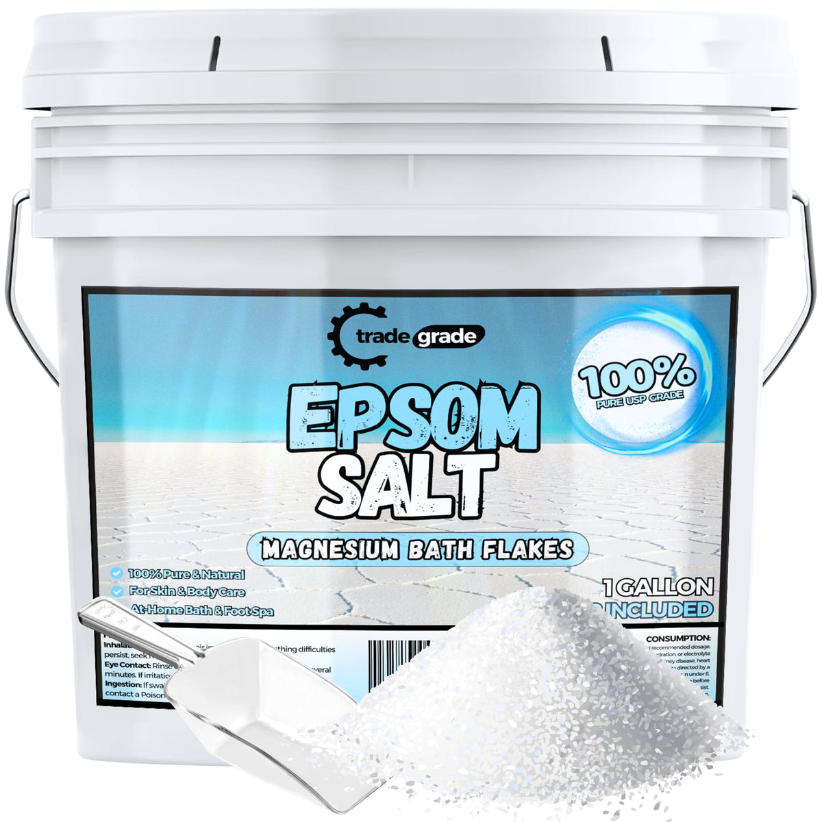 TradeGrade Epsom Salt bucket with scoop for easy measuring and refreshing soaks.
