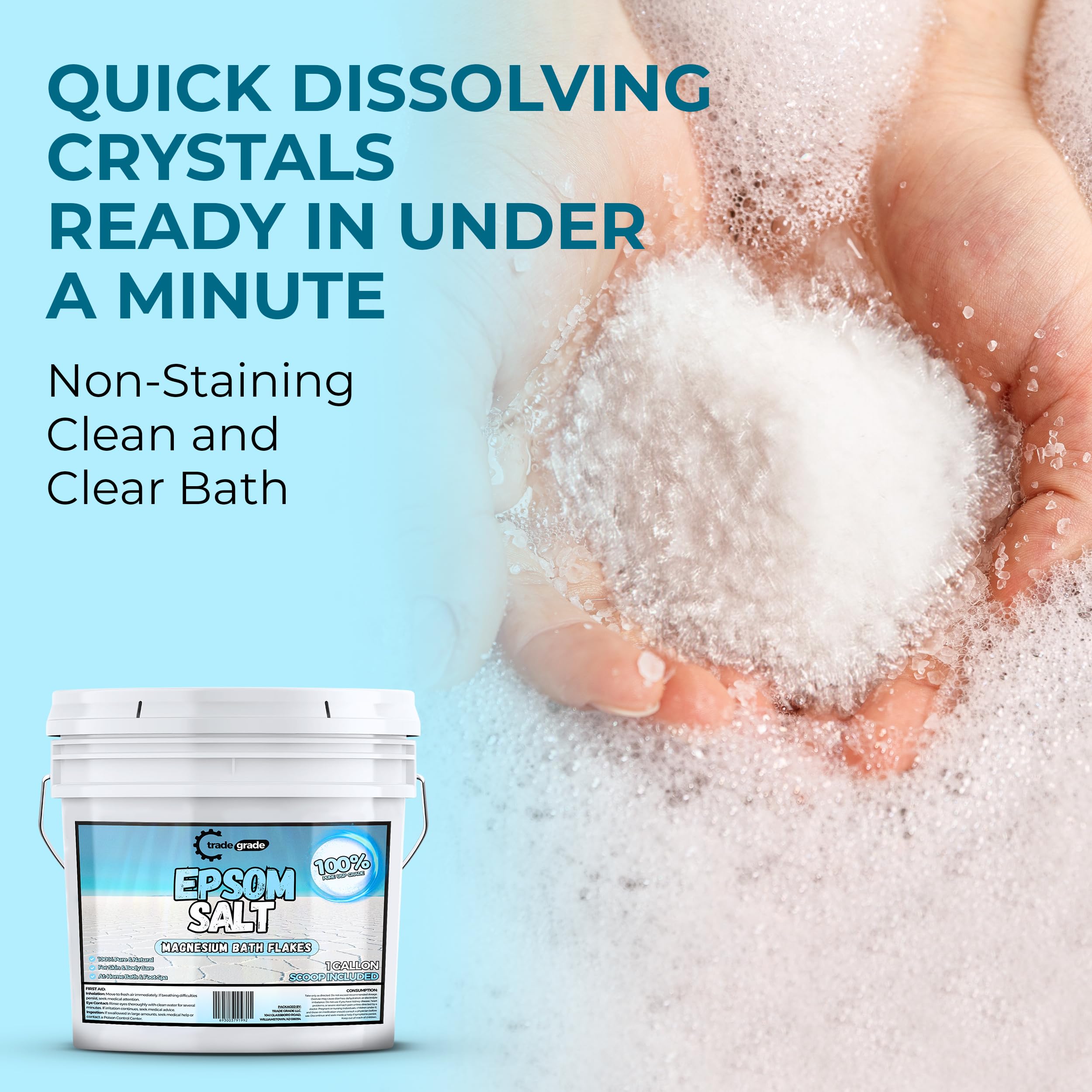 TradeGrade Epsom Salt crystal close-up showing pure magnesium sulfate crystals for baths.