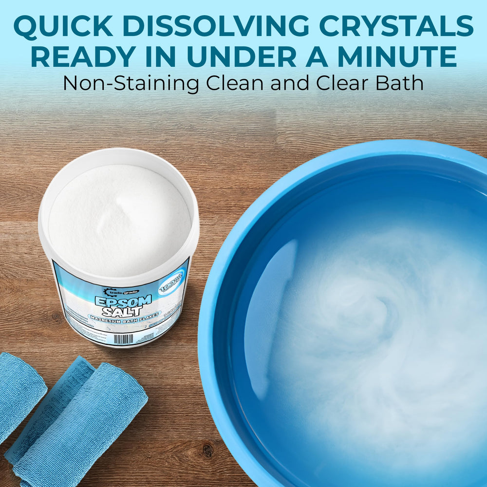 TradeGrade Epsom Salt crystal display highlighting premium-grade, additive-free formula.