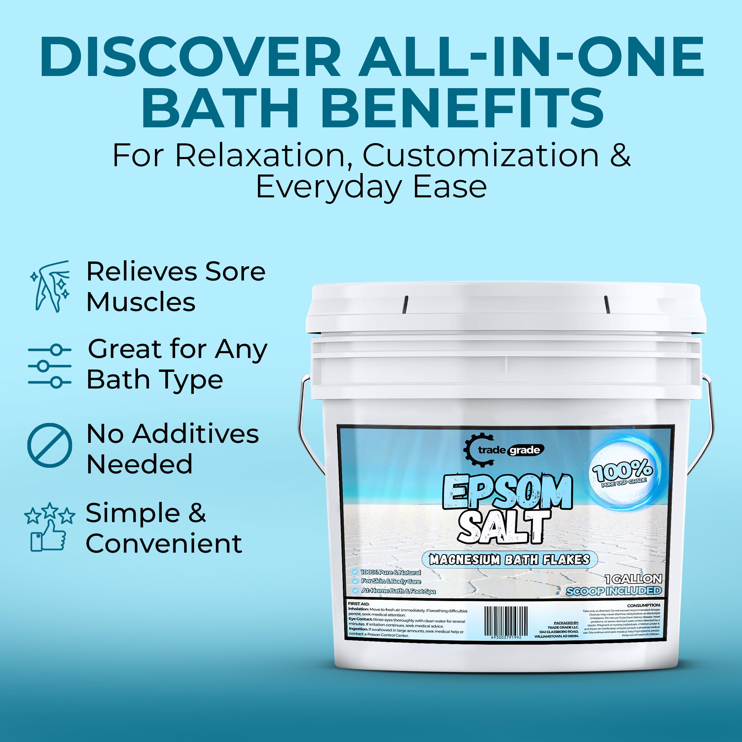 TradeGrade Epsom Salt spa ritual idea with warm water and gentle crystals.