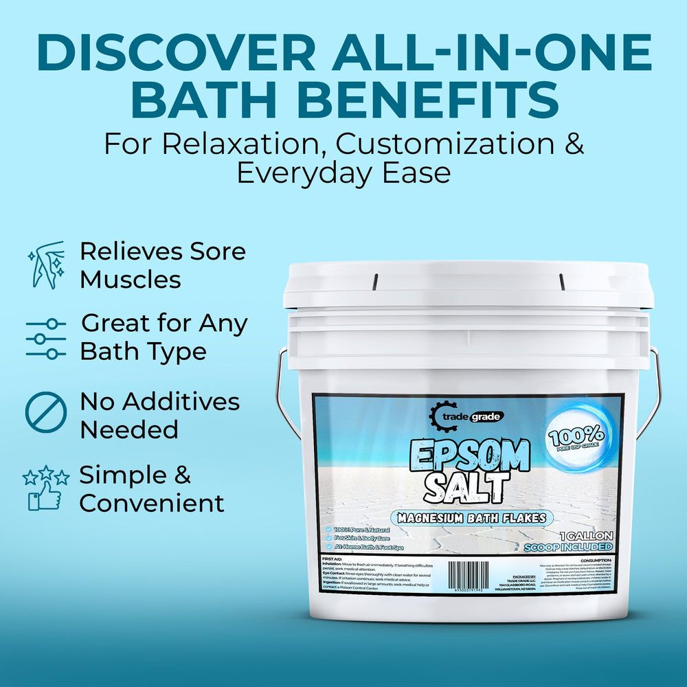 TradeGrade Epsom Salt spa ritual idea with warm water and gentle crystals.