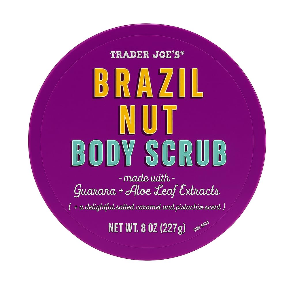 Trader Joe's Brazil Nut Body Scrub packaging showcases cleanse and exfoliation for smooth skin.