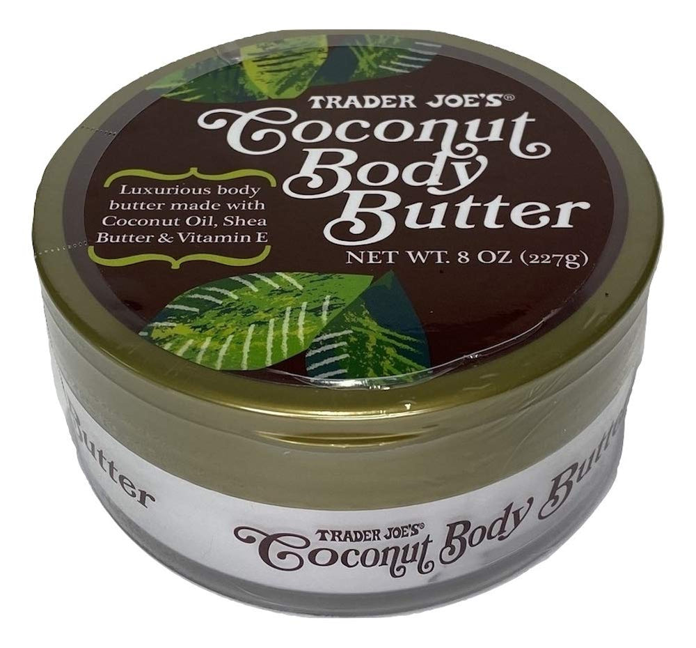 Trader Joe's Coconut Body Butter tub showcases rich hydration for dry skin.