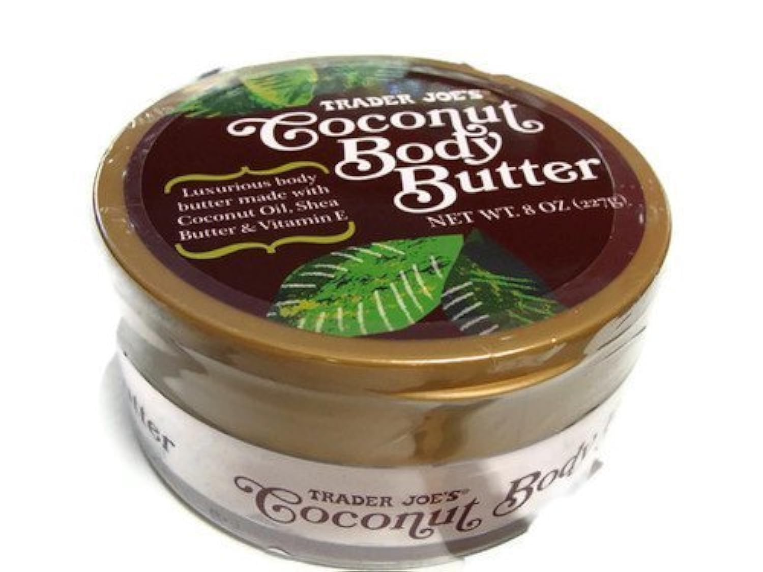 Trader Joe's Coconut Body Butter jar close-up showing hydrating formula for dry skin.