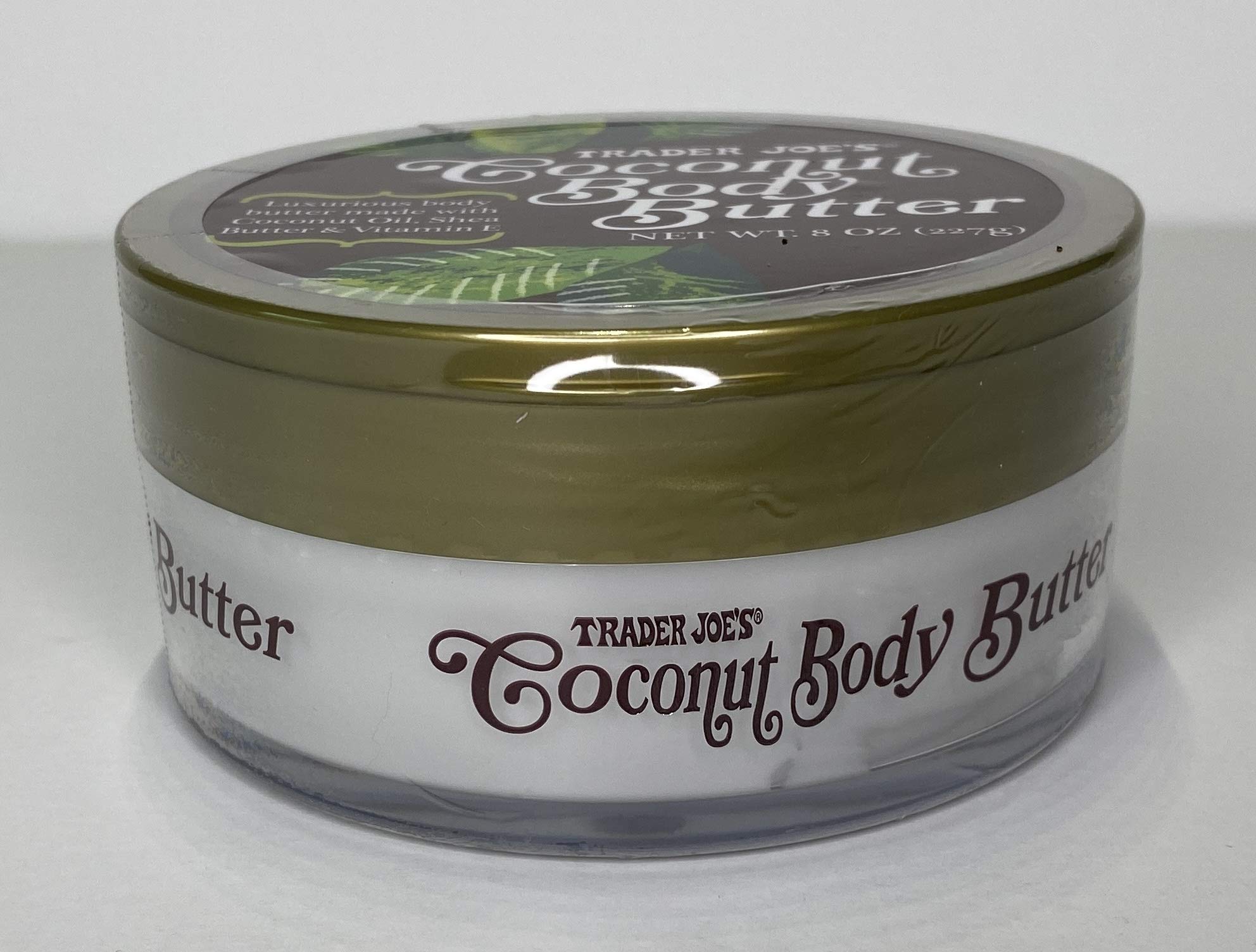 Packaging shot shows Trader Joe's Coconut Body Butter 8 oz jar for on-the-go use.