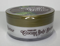 Packaging shot shows Trader Joe's Coconut Body Butter 8 oz jar for on-the-go use.