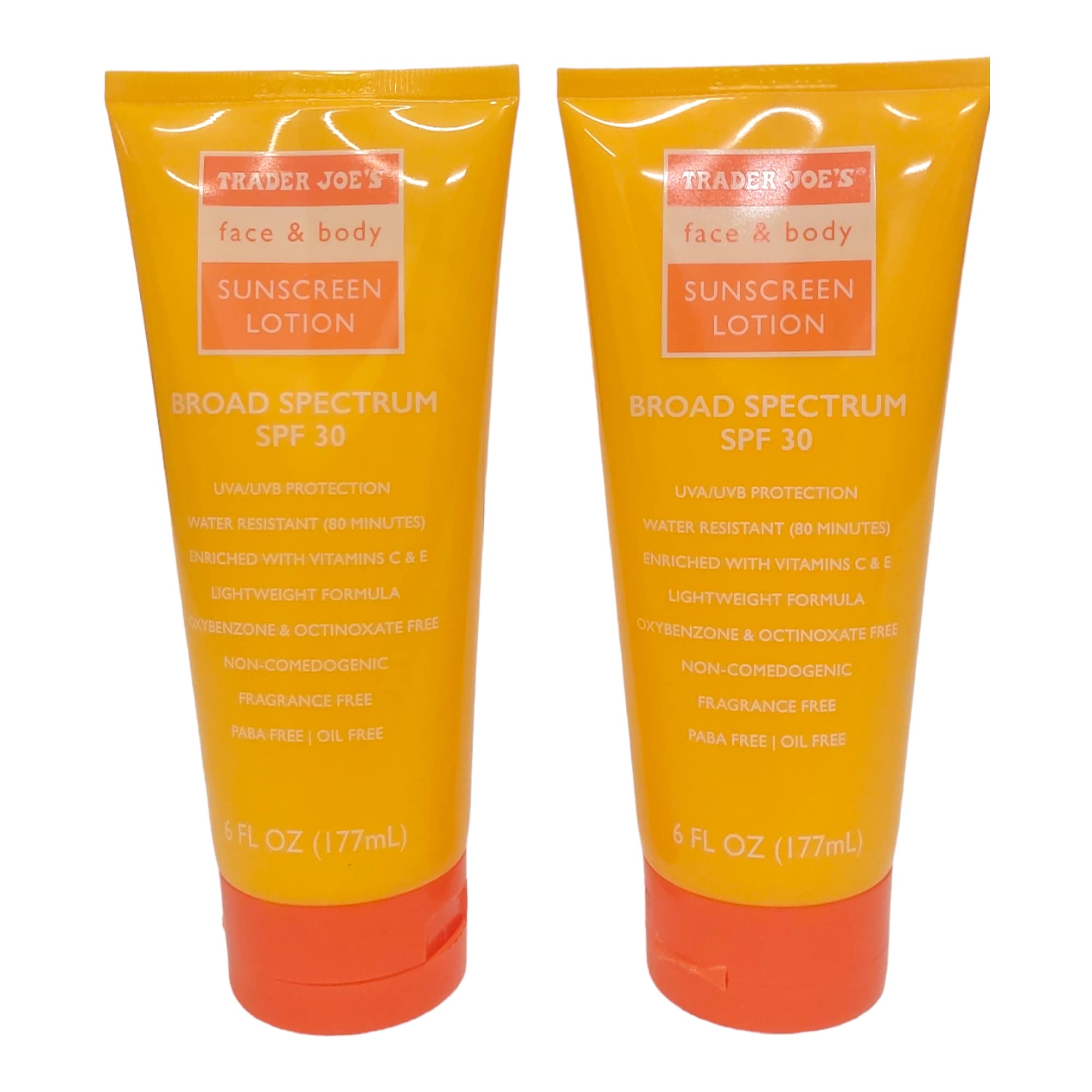 Trader Joe's Face & Body Sunscreen SPF30 bottle front view for daily, fragrance-free protection.