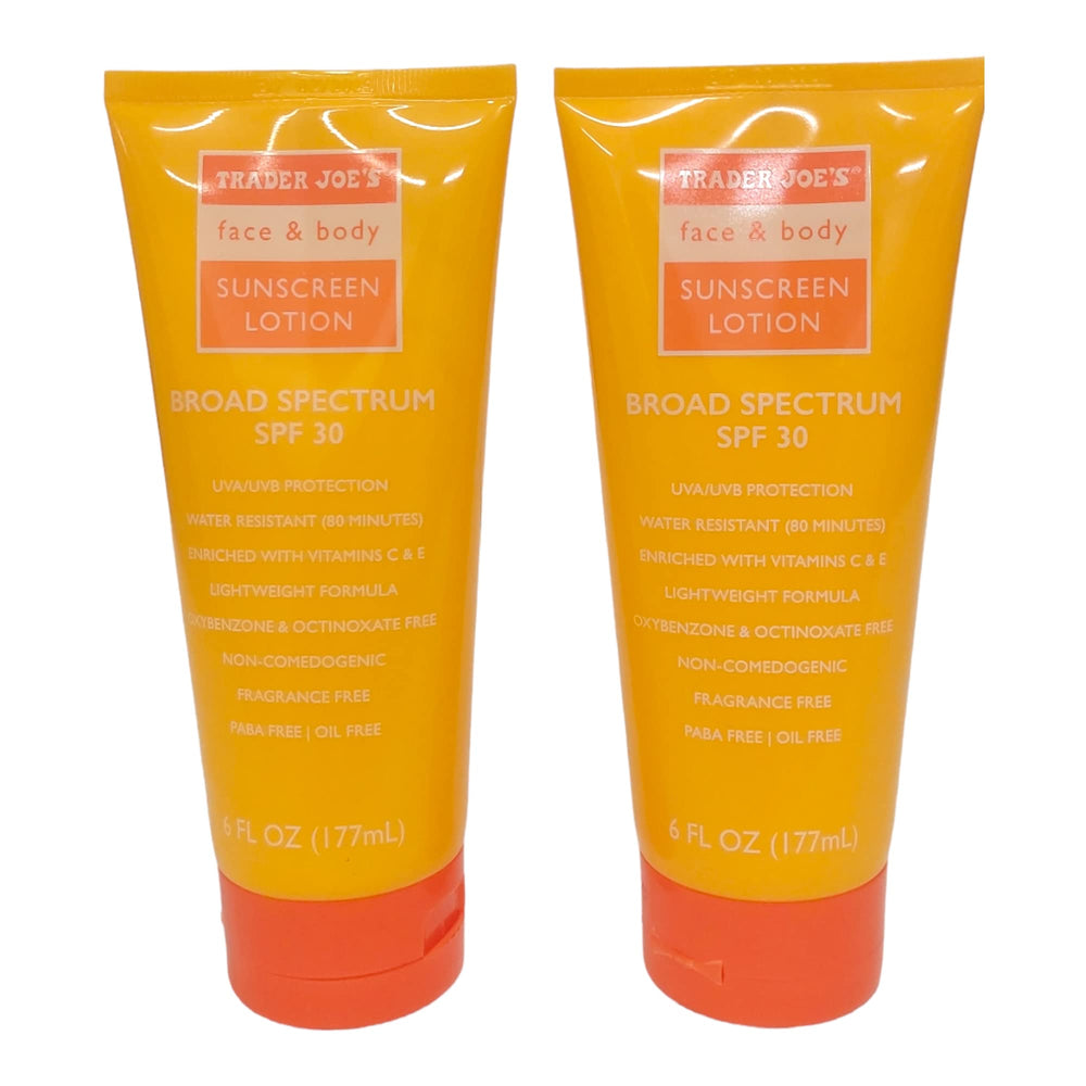Trader Joe's Face & Body Sunscreen SPF30 bottle front view for daily, fragrance-free protection.