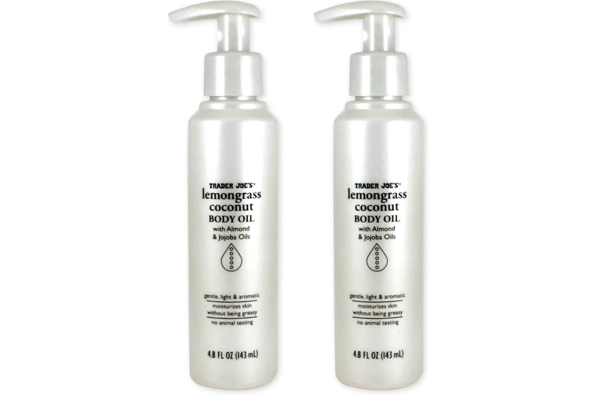 Trader Joe's lemongrass coconut body oil bottle, lemony scent, light hydration for skin.