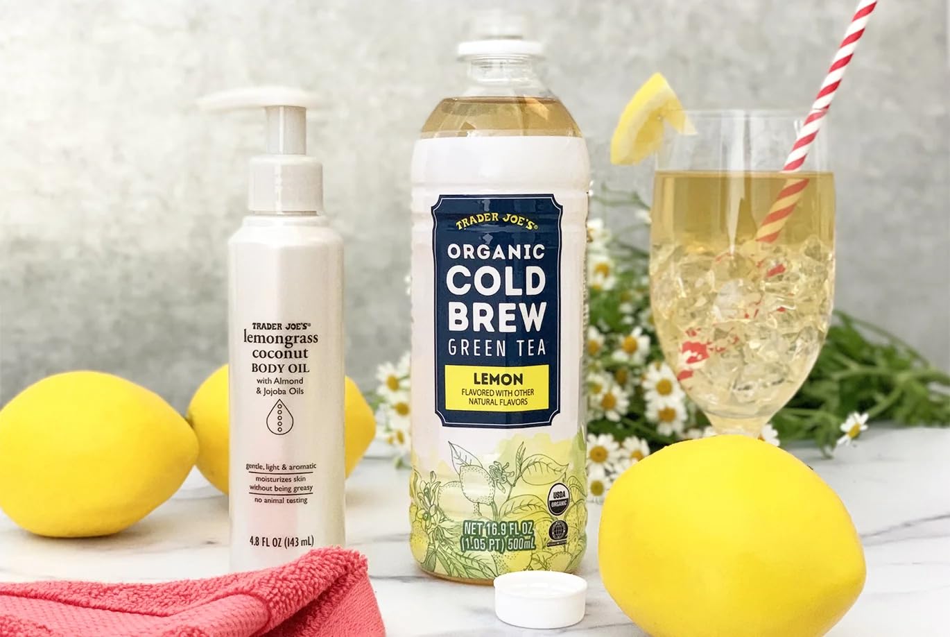 Trader Joe's lemongrass coconut body oil two-pack, convenient for daily moisturizing routines.