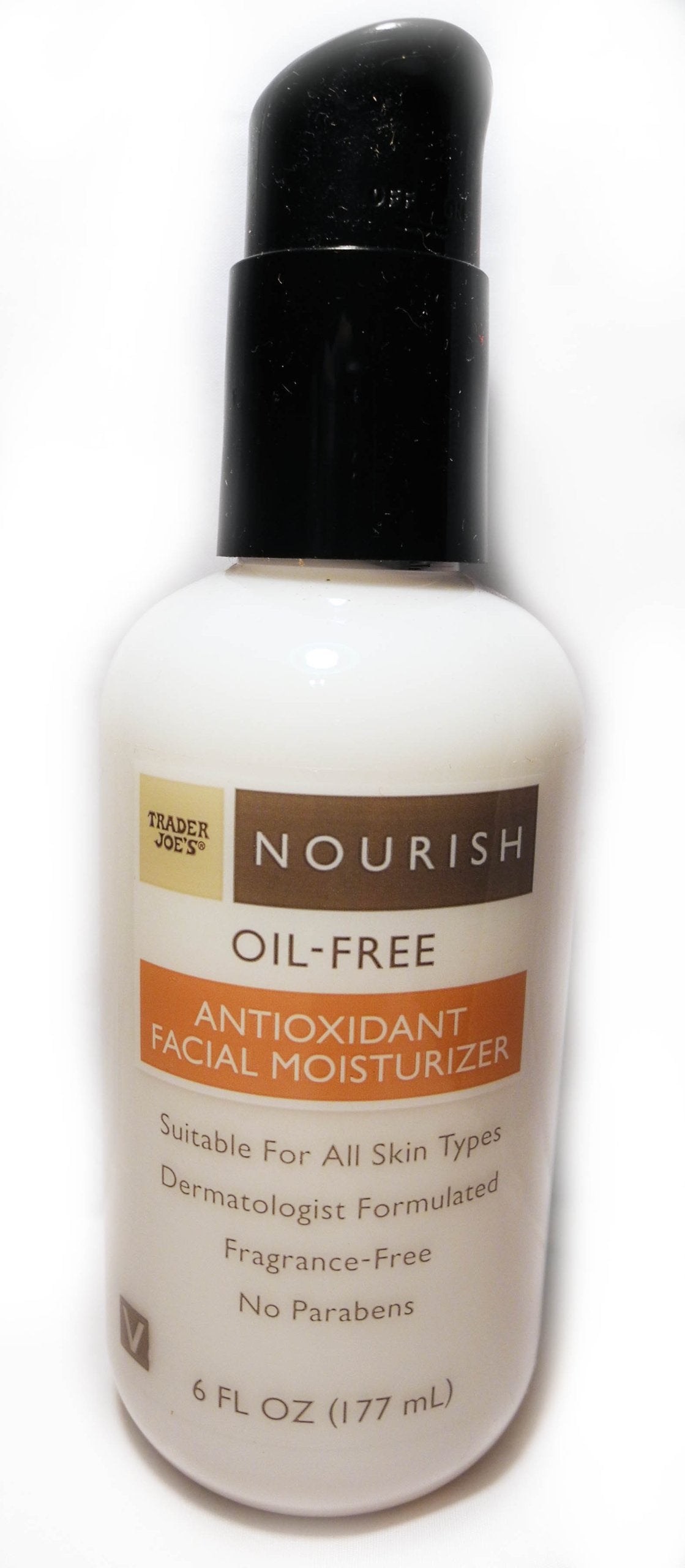 Trader Joe's Nourish Oil-Free Facial Moisturizer bottle front shows lightweight hydration.