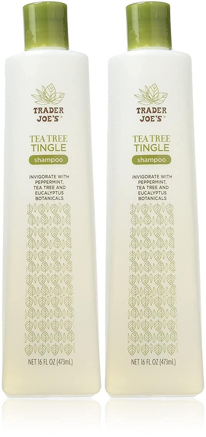 Trader Joe's Tea Tree Tingle Shampoo bottle with peppermint and eucalyptus for refreshing scalp care.