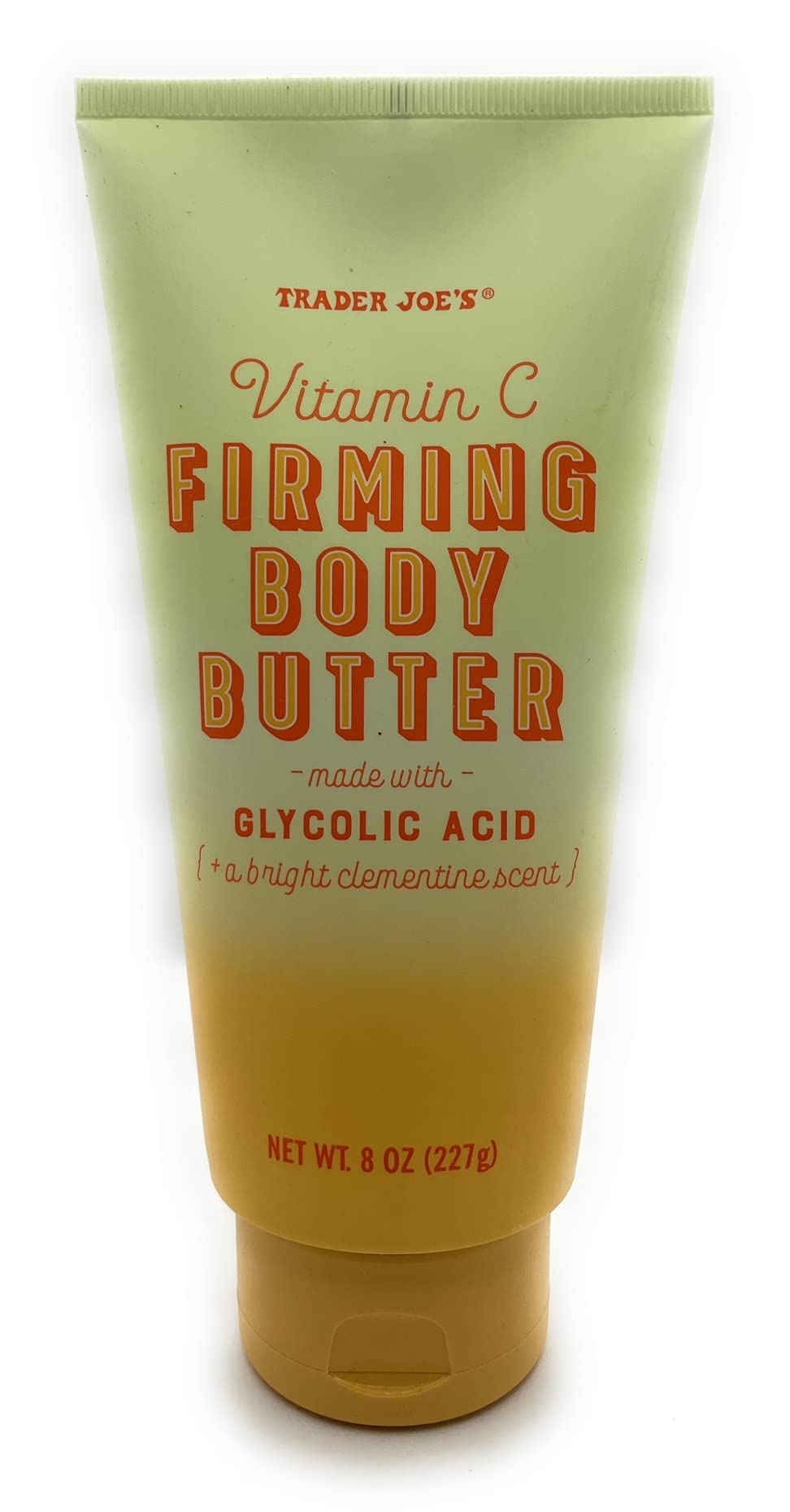 Trader Joe's Vitamin C Firming Body Butter in a jar with glycolic acid for smooth, hydrated skin.
