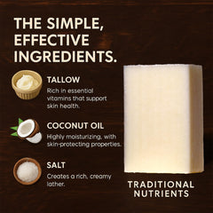 Traditional Nutrients beef tallow soap bar close-up shows creamy lather for daily use.