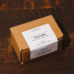 Traditional Nutrients beef tallow soap bar in a bathroom encouraging simple hand washing.