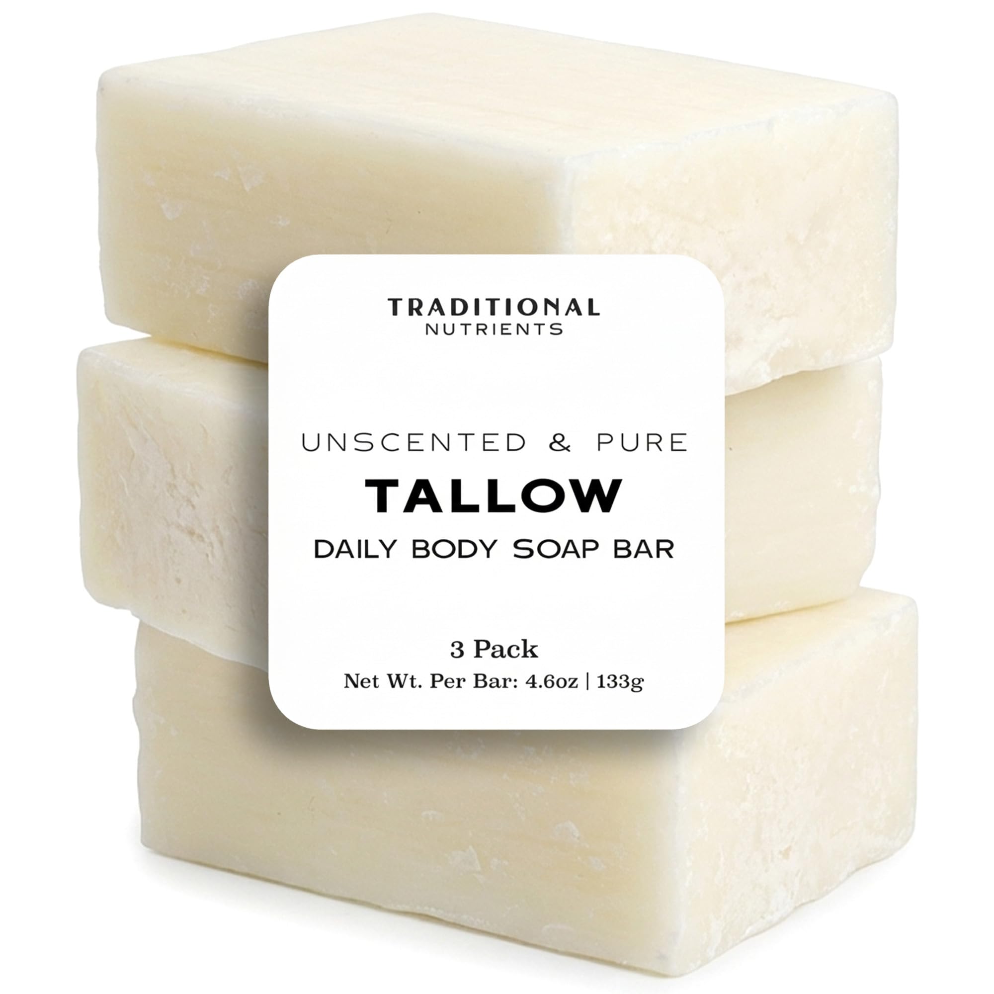 Traditional Nutrients unscented beef tallow soap bar lathering on hands for gentle cleansing.