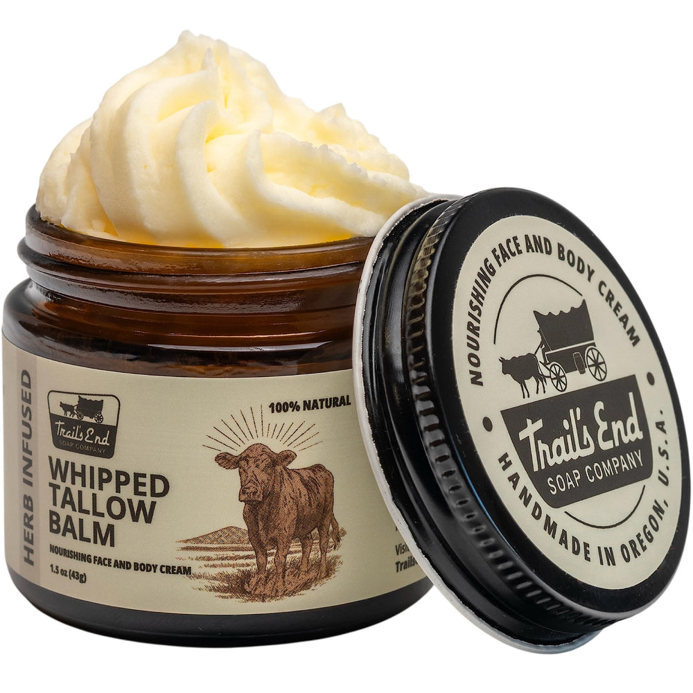 Trail's End unscented whipped tallow balm in jar close-up showing texture and packaging