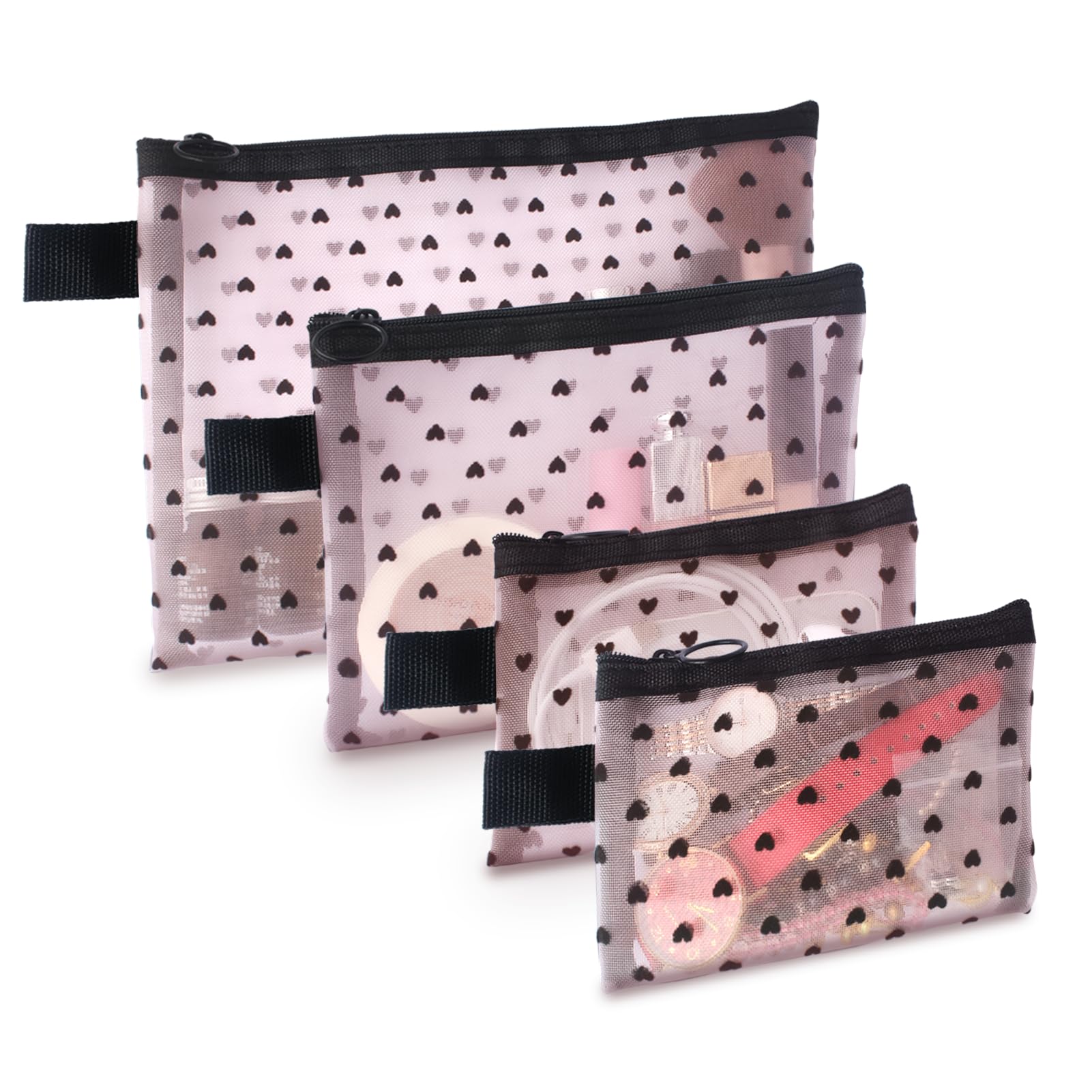 TRAKWAN 4-piece heart mesh makeup bag set in pink keeps cosmetics organized during travel