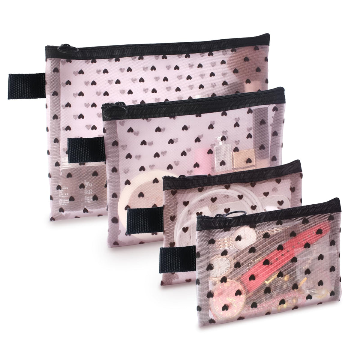 TRAKWAN 4-piece heart mesh makeup bag set in pink keeps cosmetics organized during travel