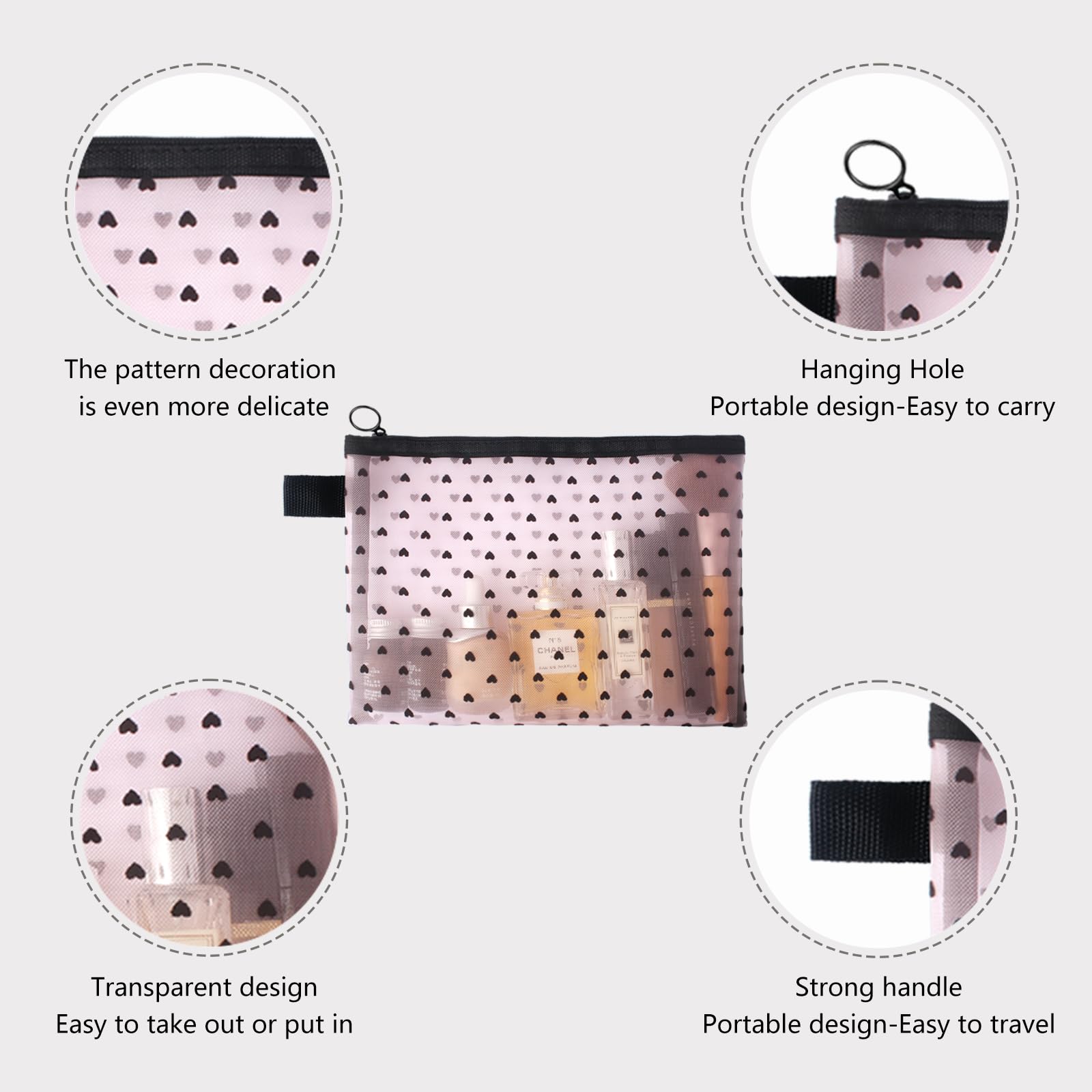 TRAKWAN heart mesh toiletry bag in pink offers transparent view for quick item checks