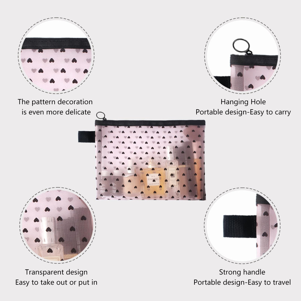 TRAKWAN heart mesh toiletry bag in pink offers transparent view for quick item checks