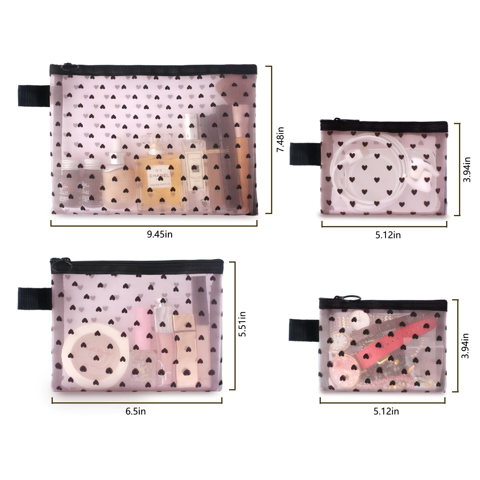 TRAKWAN heart-printed mesh cosmetic bag in pink for easy access to small items