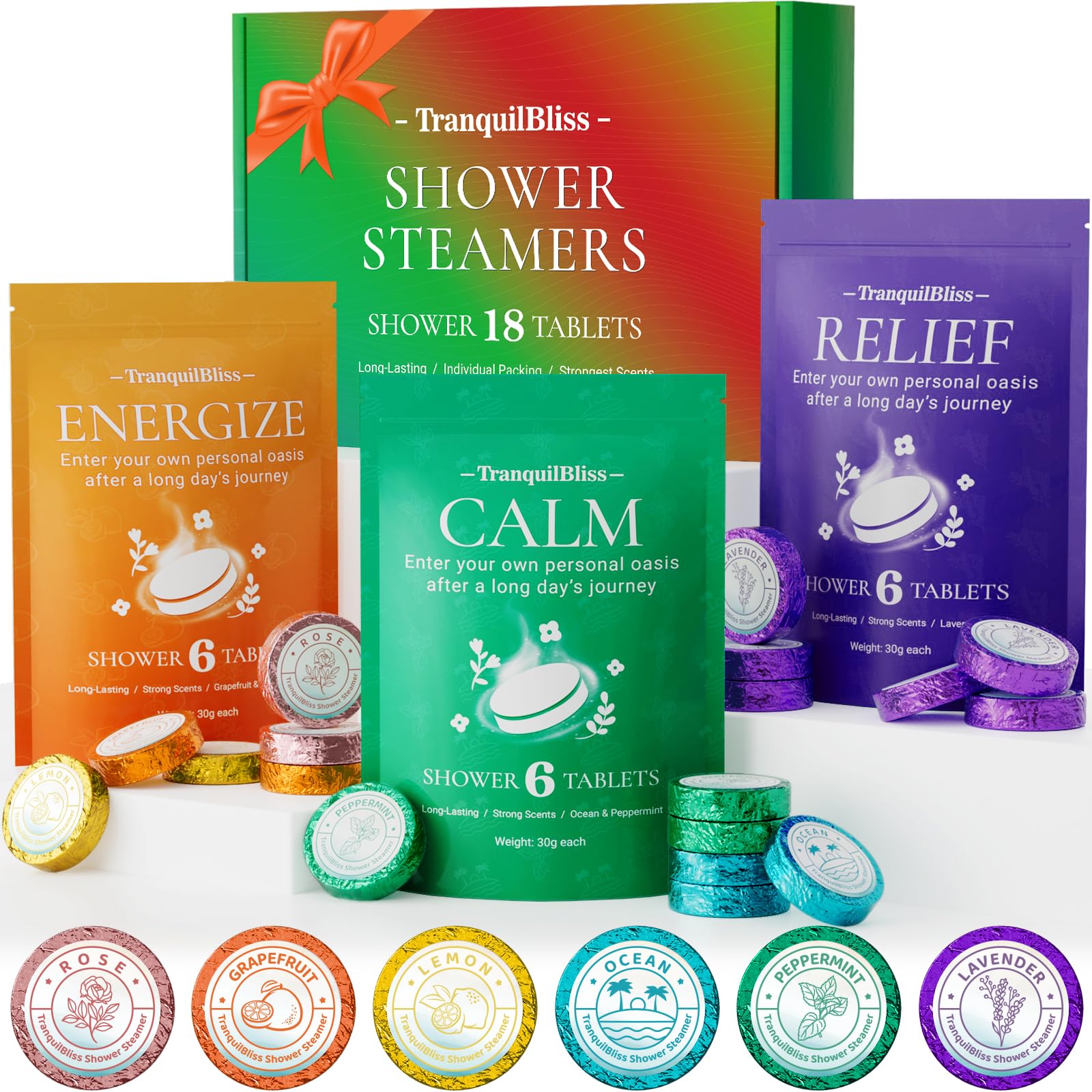TranquilBliss 18-pack shower steamers on display in box for spa-like ritual.