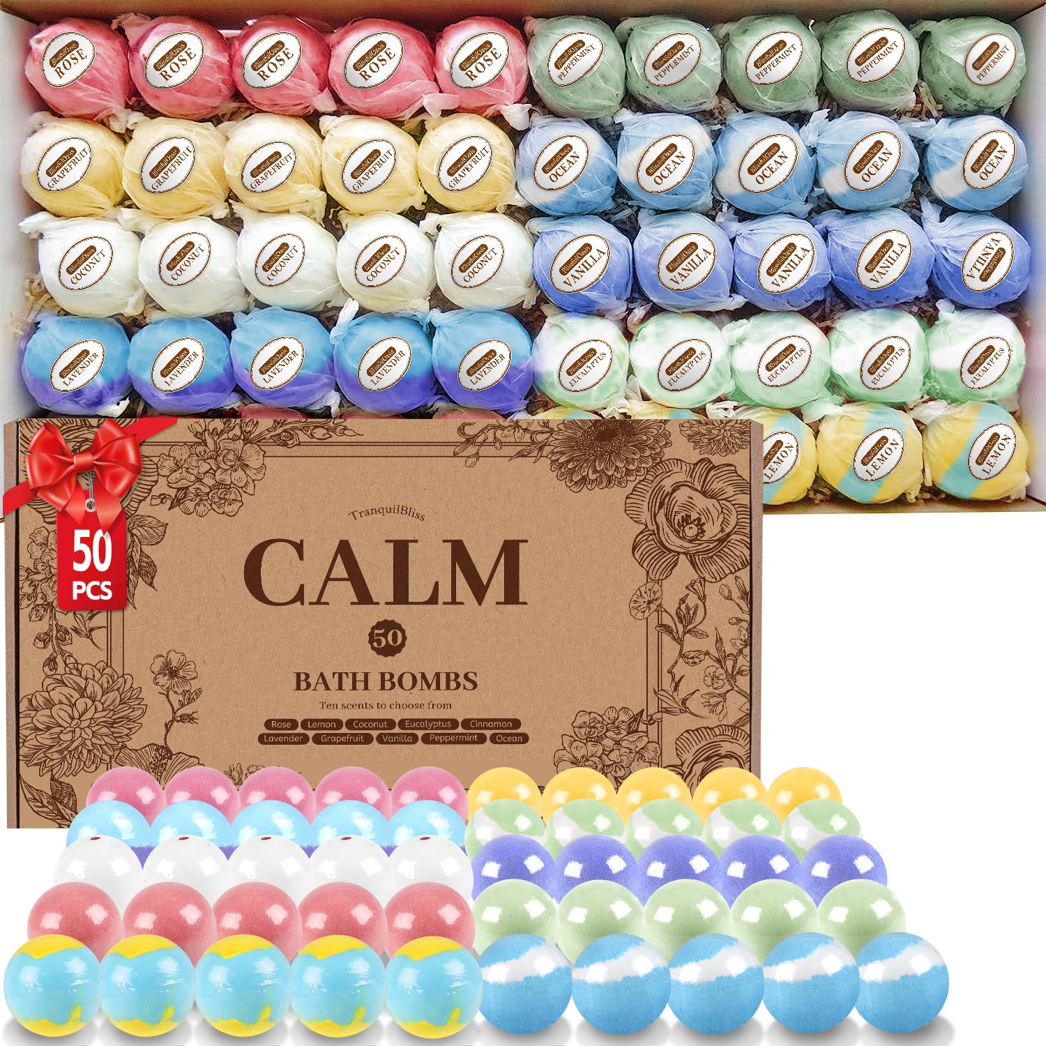 TranquilBliss bath bombs 50-piece gift box showcases a premium, ready-to-gift fragrance set.