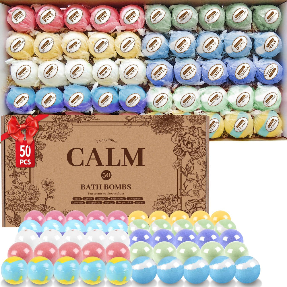 TranquilBliss bath bombs 50-piece gift box showcases a premium, ready-to-gift fragrance set.