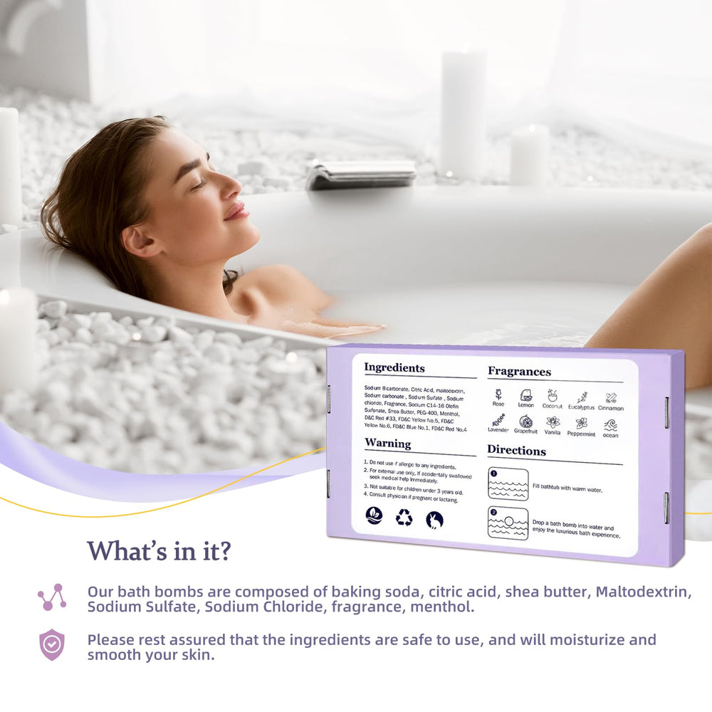 TranquilBliss Lavender bath bomb offering calming notes for a peaceful night soak.