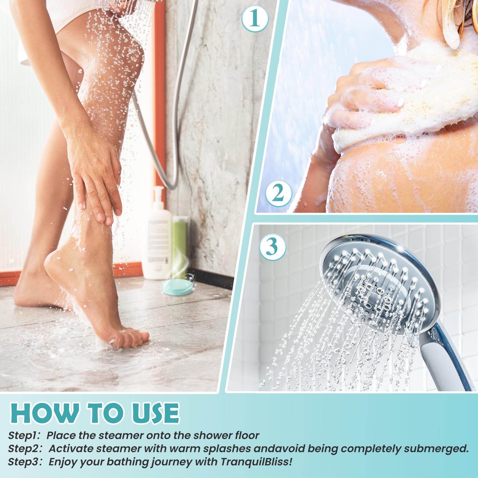 TranquilBliss no-residue formula dissolves cleanly in water during a shower.