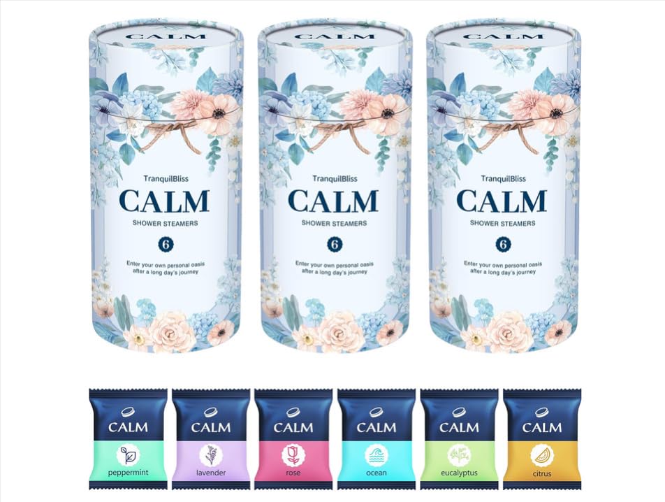 TranquilBliss shower steamers collection in cylindrical box for a spa-like moment at home