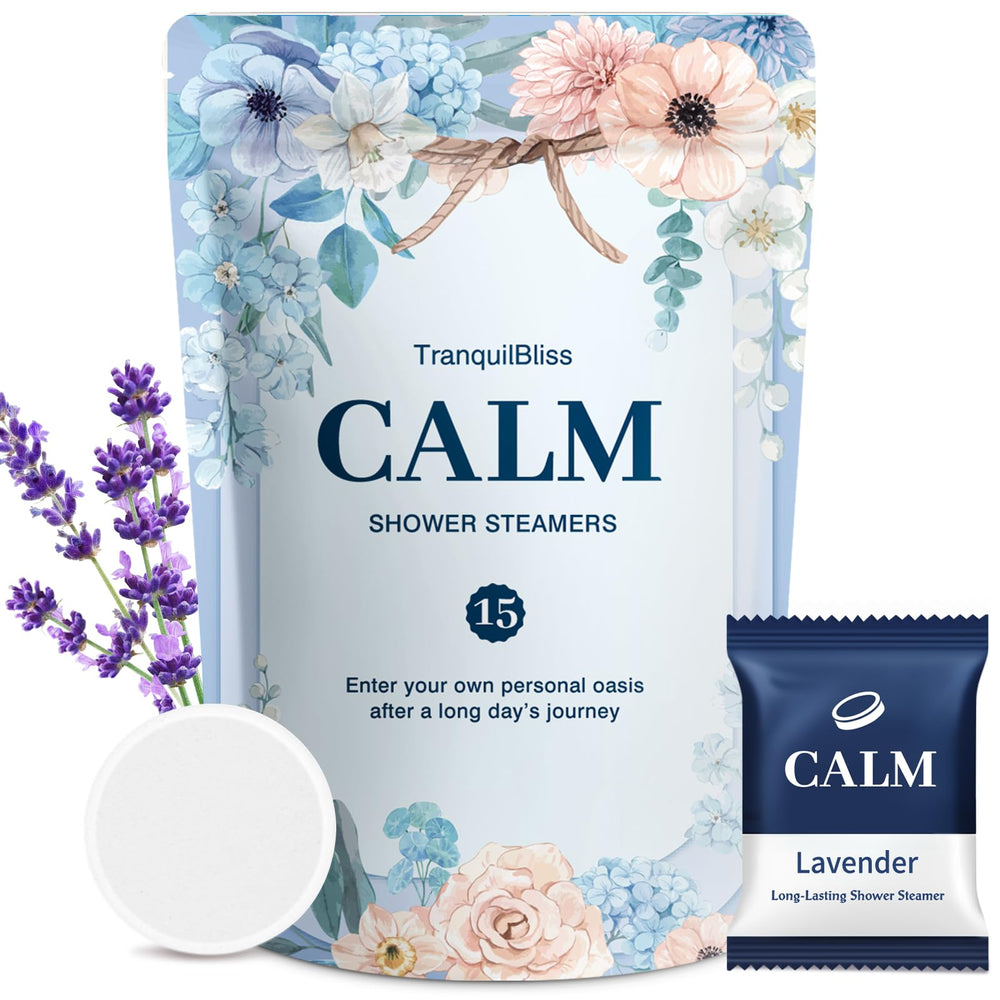 TranquilBliss lavender shower steamer 15-pack promoting a calming shower ritual.
