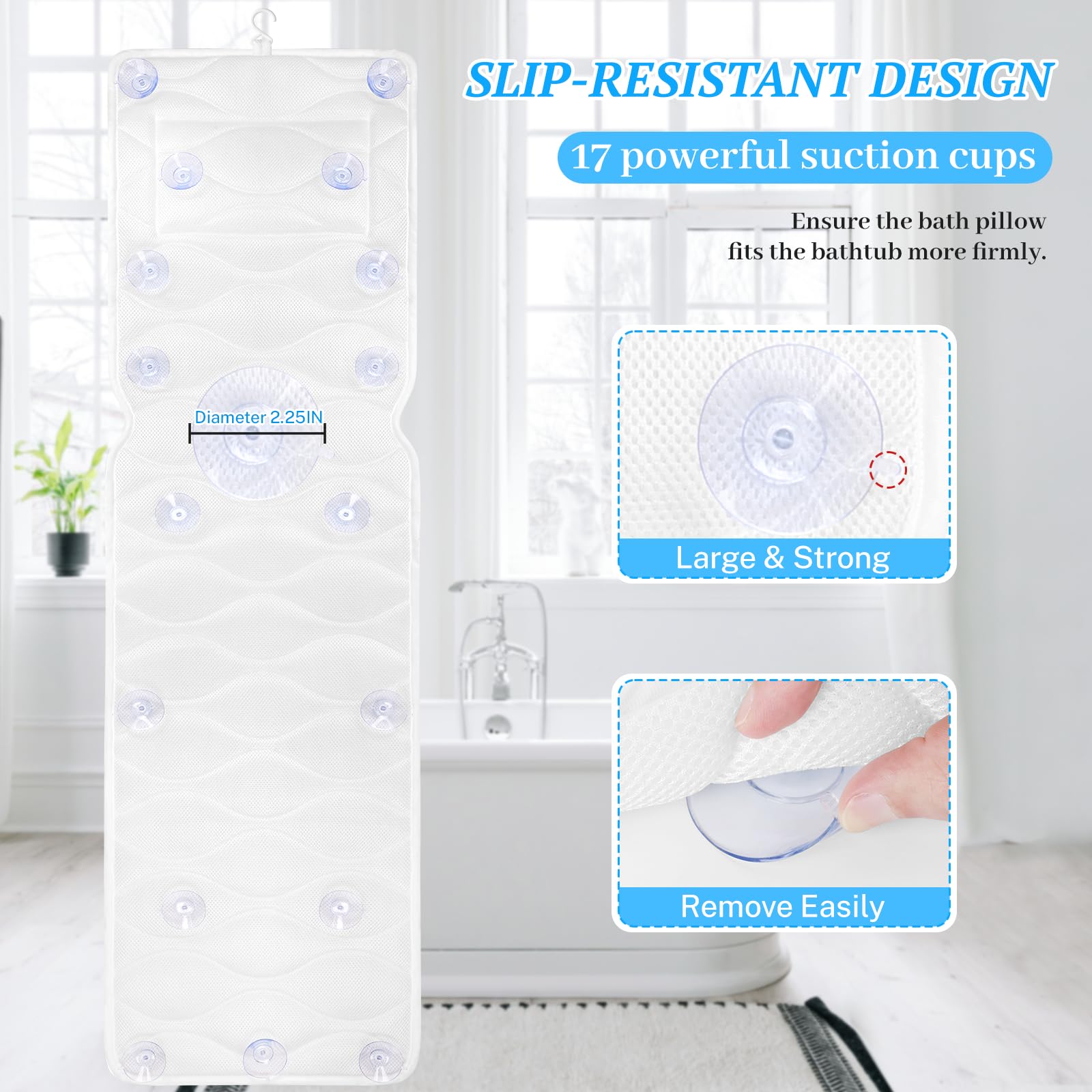 TranquilRelax bath pillow sized 51in by 16in for full upper body coverage