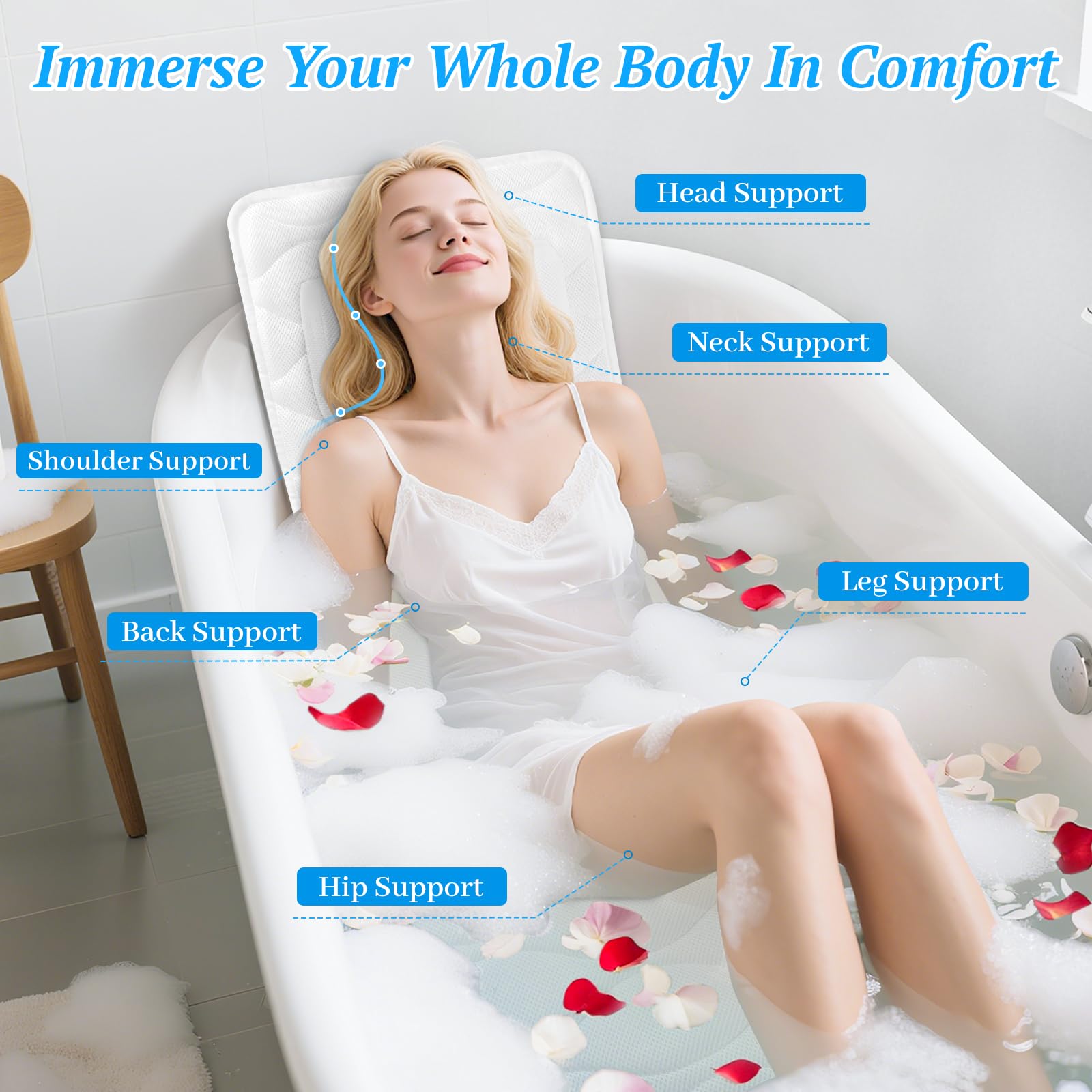 TranquilRelax bath pillow using non slip suction for a stable soak