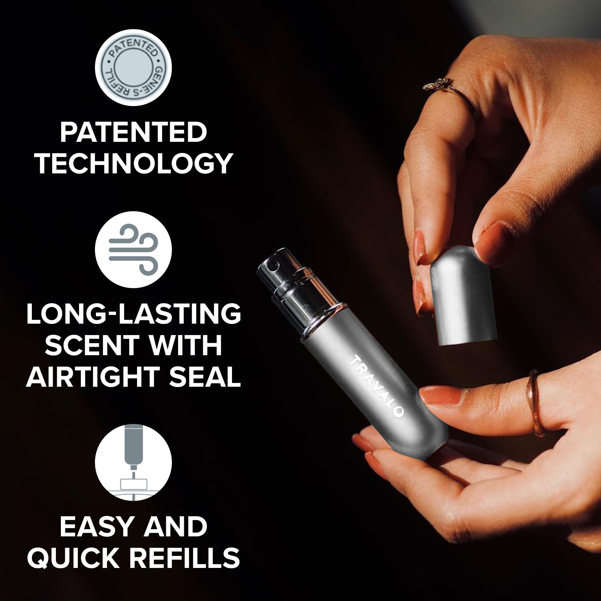 Airtight inner vial on Travalo Classic HD for fragrance safety during travel.