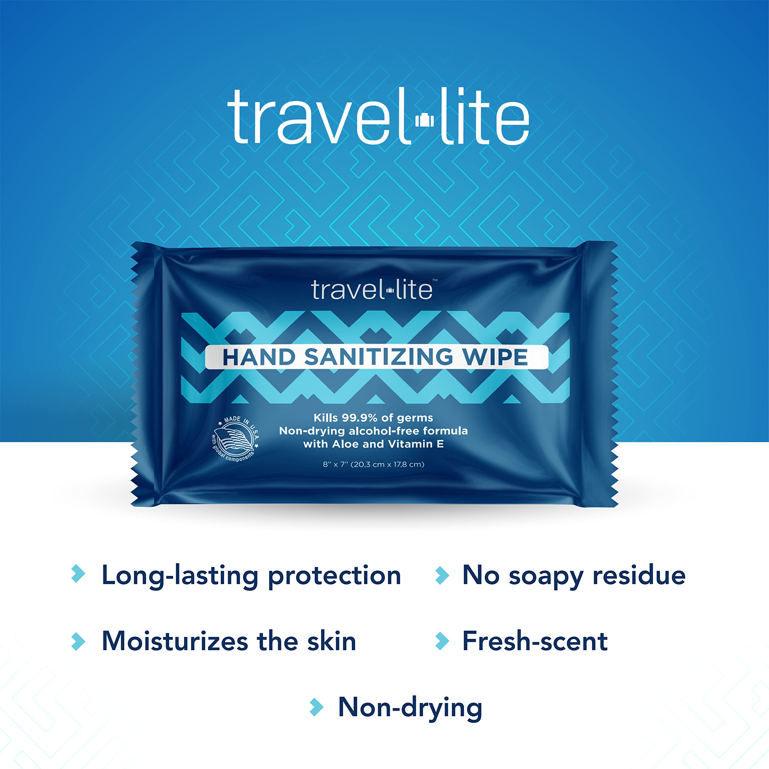 Travel Lite wipes shown as individually wrapped packets for hygiene