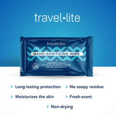 Travel Lite wipes shown as individually wrapped packets for hygiene