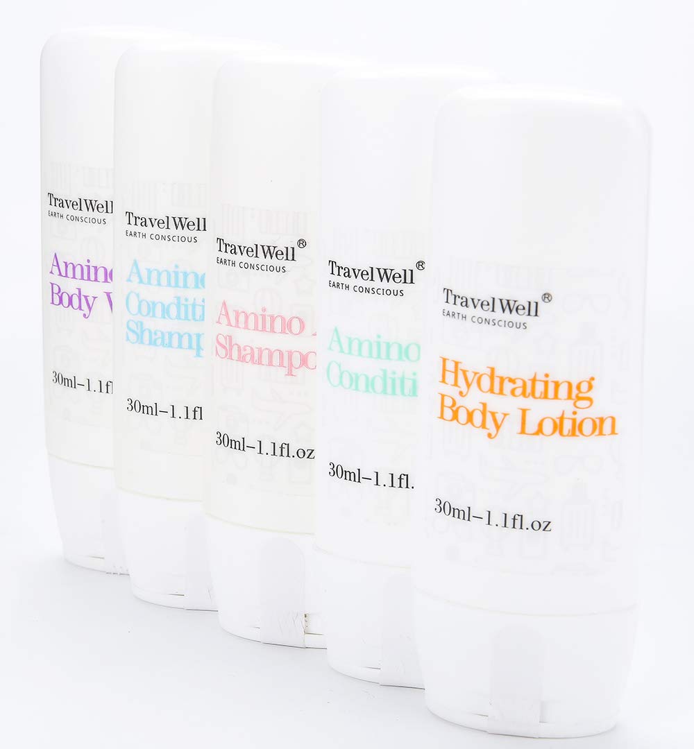 Travel Well 25 shampoo bottles in travel-ready packaging